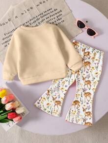 2pcs/Set Cute Sweet Baby Girl Casual Deer Print Crew Neck Long Sleeve Sweatshirt And Flared Pants Set, Suitable For Autumn/Winter, - Multicolor - View 2