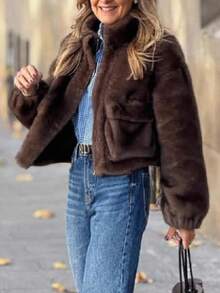 Solivie Women's Casual Loose Faux Fur Collar Long Sleeve Coat, Solid Color, In Autumn/Winter,Fall