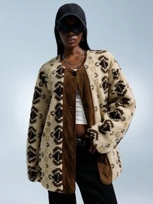 GENKIRA 女士复古拼布腰果花图案抓绒面料宽松休闲圆领长袖厚棉夹克外套，适合日常通勤，秋冬必备 - 杏色 - 查看 3