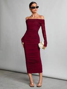 SHEIN Tall Autumn And Winter Off-Shoulder Ruffled Mesh Sexy Tight Date Black Sleeve Long Dress