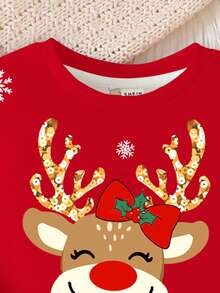 SHEIN Happikins Merry Christmas Young Girl Casual Minimalist Christmas Cute Cartoon Reindeer, Christmas Tree, Snowflake, Christmas Bell, Candy Cane Pattern, Christmas Geometric Floral, Fair Isle, Red Patchwork, Thermal Lined Soft Comfortable Long Sleeve Long Pants Sleepwear, Snug Fit Christmas Pajamas - Multicolor - View 4