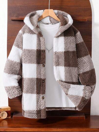 SHEIN Chaqueta con capucha de forro polar con estampado de cuadros para niños preadolescentes, otoño/invierno