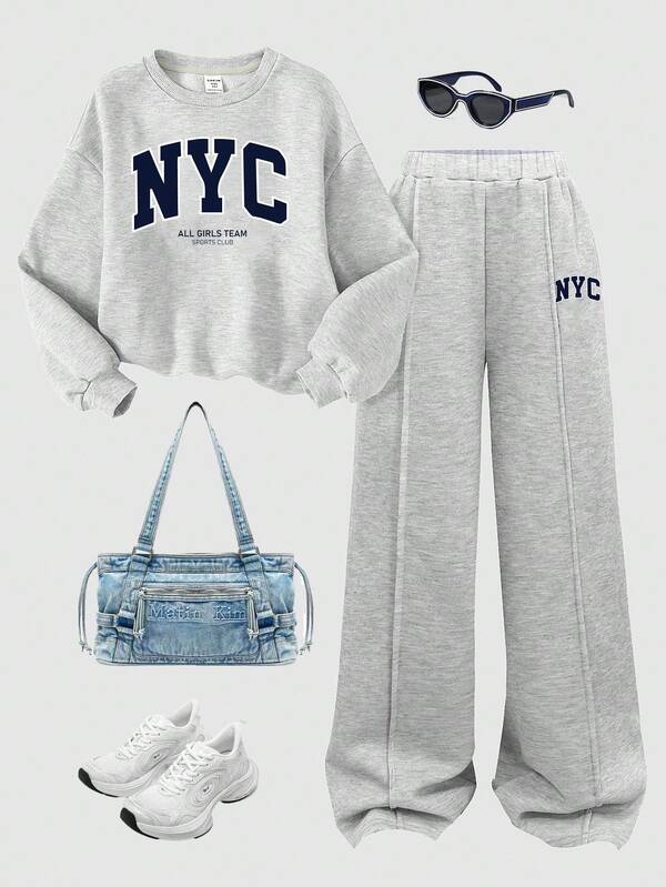 SHEIN 2pcs Tween Girls Casual Thermal Lined Sweatsuit Set, NYC City Print Oversized Crew Neck Pullover Hoodie And Pleated Wide Leg Sweatpants, Gray Y2k Outfit Outfit Set New York Outfits Grey Girl S Outfit