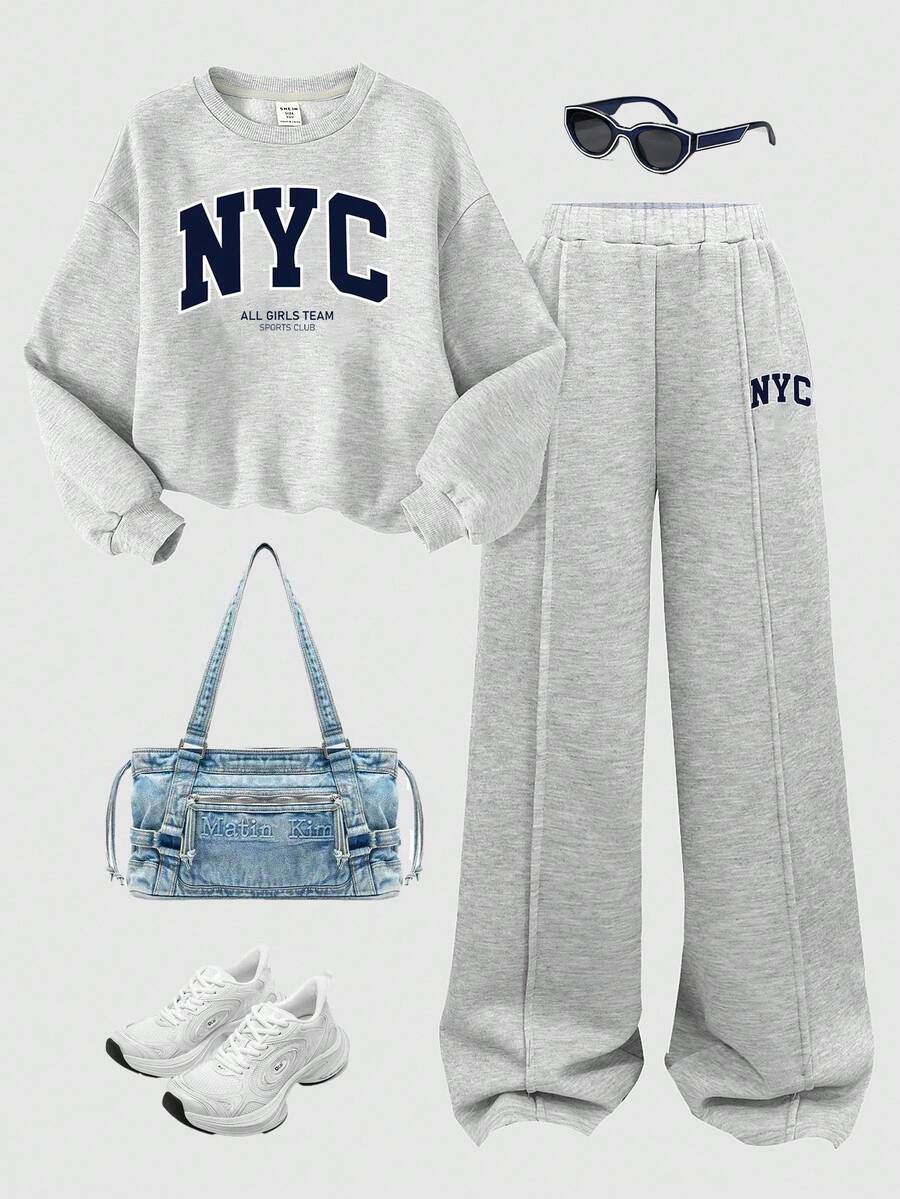 SHEIN 2pcs Tween Girl Casual Thermal Lined Sweatsuit Set, NYC City Print Oversized Crew Neck Pullover Sweatshirt And Wide Leg Sweatpants, Gray Y2k Outfit Outfit Set New York Outfits Grey Girl S Outfit