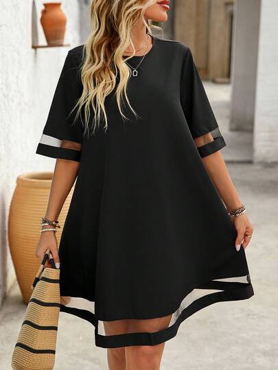 Breezaya Women Casual Patchwork Loose Short Sleeve Dress