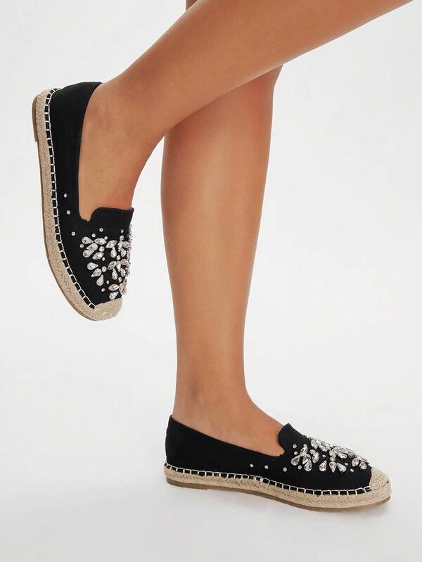 Styleloop Alpargatas casuales de lona con decoración de strass para mujer, suela de cuerda transpirable, zapatos de ocio y viaje al aire libre