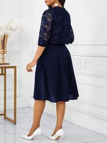 SHEIN Lady Bộ 2 món áo không tay ren trơn màu thanh lịch dành cho nữ, váy dự tiệc và sinh nhật mùa hè/váy công sở/váy đi nhà thờ/váy cưới/váy ngày lễ/ - Màu xanh hải quân - Xem 2