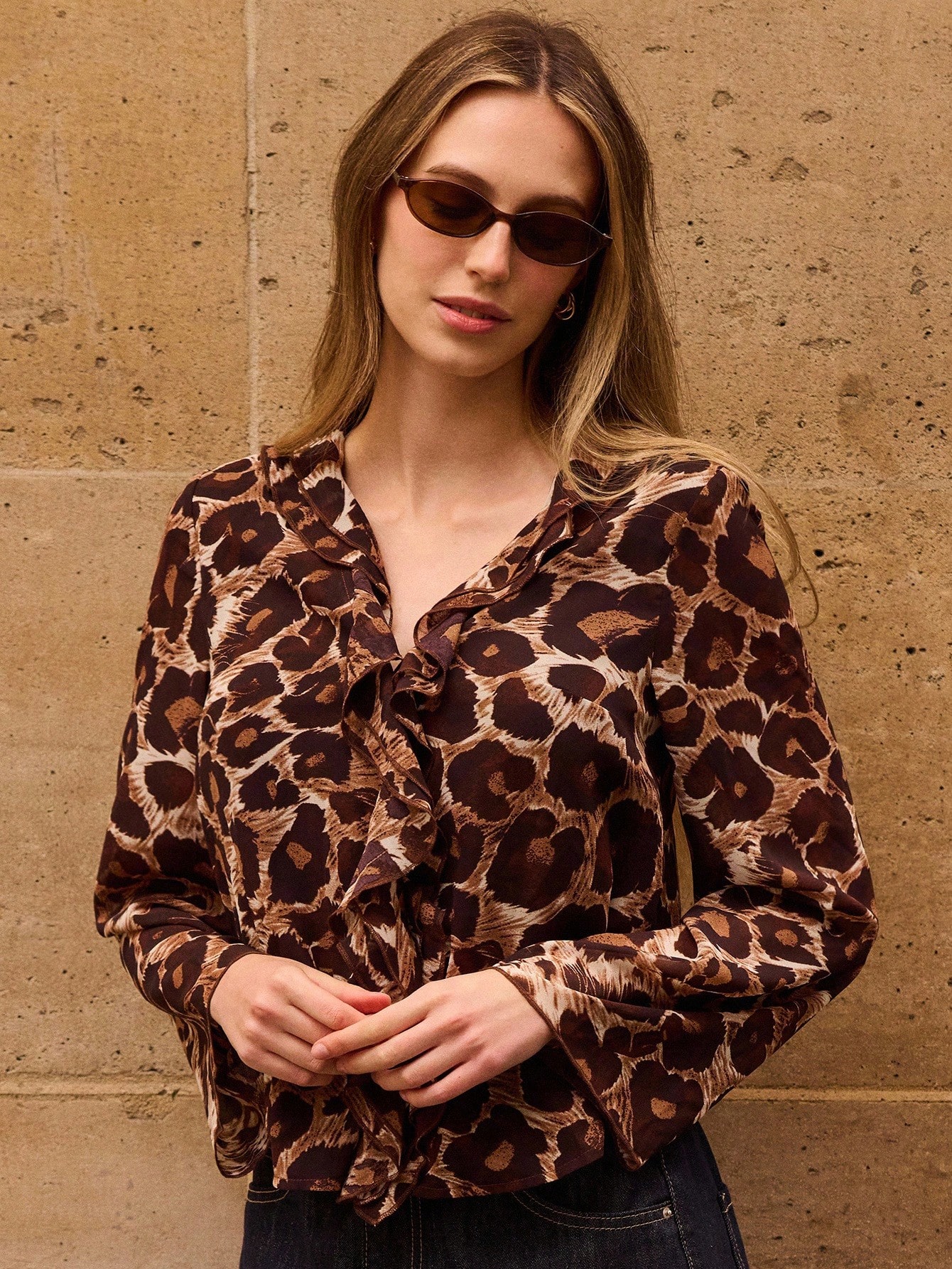 Brown And Black Leopard Print Blouse With Ruffled Neckline And Long Sleeves Office Spring Business Casual Top Party Top Night Out Top Going Out Top
