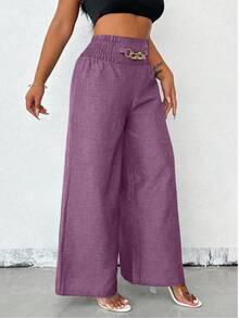 SHEIN Clasi 休闲女款蓝色金属链宽松阔腿裤，宽松版型裤子，秋季 - 紫色 - 查看 4