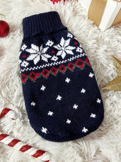 PETSIN 1pc Christmas Snowflake Pet Sweater In Navy Blue Warm Pet Clothes
