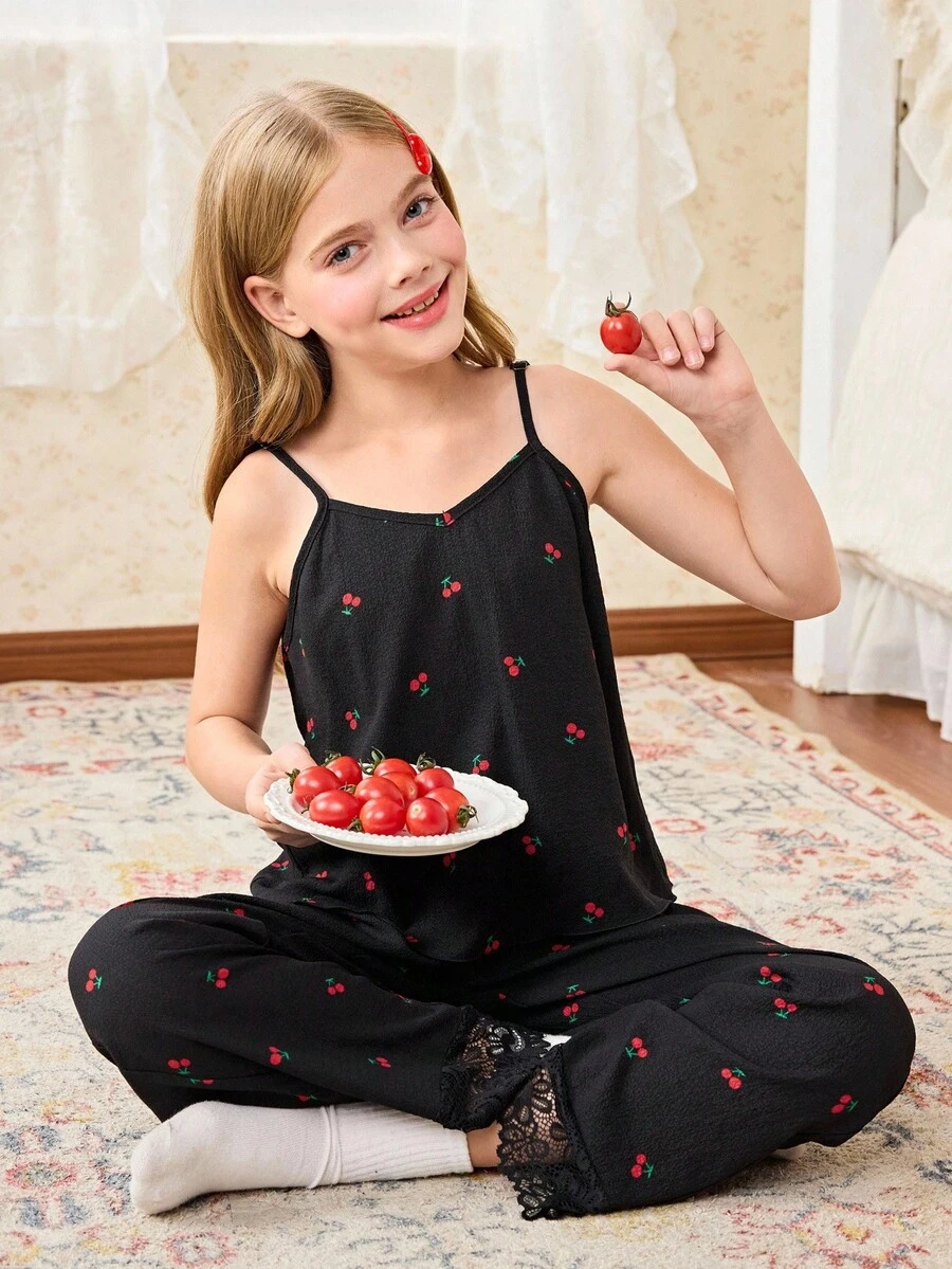SHEIN Girls' Romantic Cherry Print Lace Camisole & Long Pants Pajama Set - Black - View 1