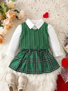 SHEIN Baby Girl Blue Knit Vest + White Long Sleeve Shirt + Plaid Print Skirt 3-Piece Set Green Plaid Skirt Outfit - Dark Green - View 1