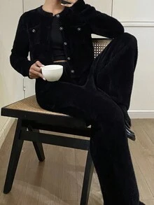 DAZY 2pcs Women's Cardigan Sweater Set With Front Button Long Sleeve Top And Pants