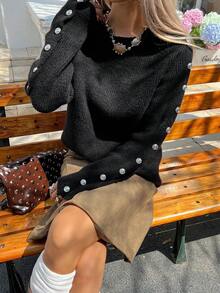 DAZY Women's Casual Solid Color Button Decorated Sweater, Autumn - Black - View 6