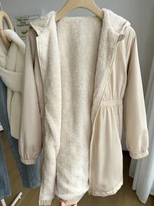 SHEIN Tween Girls Casual Hooded Windbreaker Jacket, Thermal Lined Mid-Length Outerwear, Fall/Winter - Apricot - View 5