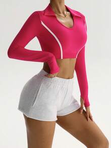 Dewbera 女式撞色领长袖短款修身运动T恤 - 玫紅色 - 查看 6