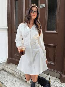 Siren Gaze Vestido camisero blanco elegante para mujer, ropa de otoño para mujer, conjuntos de otoño para mujer 2025, nueva moda de invierno imprescindible - Vestido mini de manga larga con botones al frente y cintura ceñida, ideal para salir, fiestas, graduaciones y eventos formales, lujoso y elegante, adecuado para el trabajo, el día a día, el streetwear, Halloween, Navidad, Año Nuevo, fiestas nacionales y disfraces. - Blanco - Ver 4