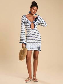 Travachic Women's Contrast Stripe Hollow-Out Knit Dress,Autumn Winter Women,  New Year Look, Thanksgiving Outfits, Elegant Dresses Party - Blue and White - View 4