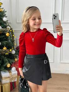 Serisse Kids Conjunto de 2 peças de camiseta de manga comprida com estampa de borboleta e shorts-saia pretos, elegantes e elegantes para meninas, roupa casual de outono, vintage elegante, adequada para festas, Natal, baile de Ano Novo, inverno - Vermelho - Ver 3