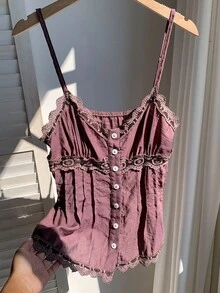 Comfortcana 女士纯色撞色蕾丝单排扣休闲吊带背心衬衫 - 棕色 - 查看 5