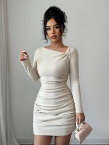 Selianne Women's Solid Color Minimalist Daily Wear Asymmetric-Shoulder Long Sleeve Dress - Apricot - View 7