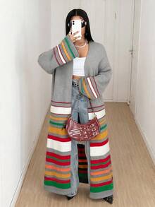 Maweii Plus Size Women Colorblock Striped Long Knitted Cardigan Sweater - Light Grey - View 5