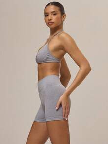 Musera Sport Light Grey Summer Athleisure Gym Ruched Bust Open Back Halter Sports Bra And High Waist Snached Shorts Co-Ord Activewear Set For Workout Running Padel - Light Grey - View 3