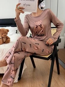 2件套女士可爱小熊印花长袖上衣和裤子睡衣套装，秋冬服装 - 彩色 - 查看 4
