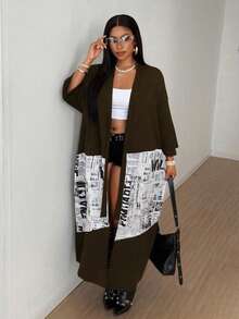 Maweii Casaco Cardigan Fino Plus Size para Mulheres, Comprimento Longo com Estampa Floral Patchwork, Casaco Casual Solto com Mangas 3/4, Outono/Inverno