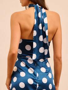 lacRébo Robe longue sans bretelles en satin bleu marine à pois, vêtements pour femmes en automne et hiver - Bleu marine - Voir 4