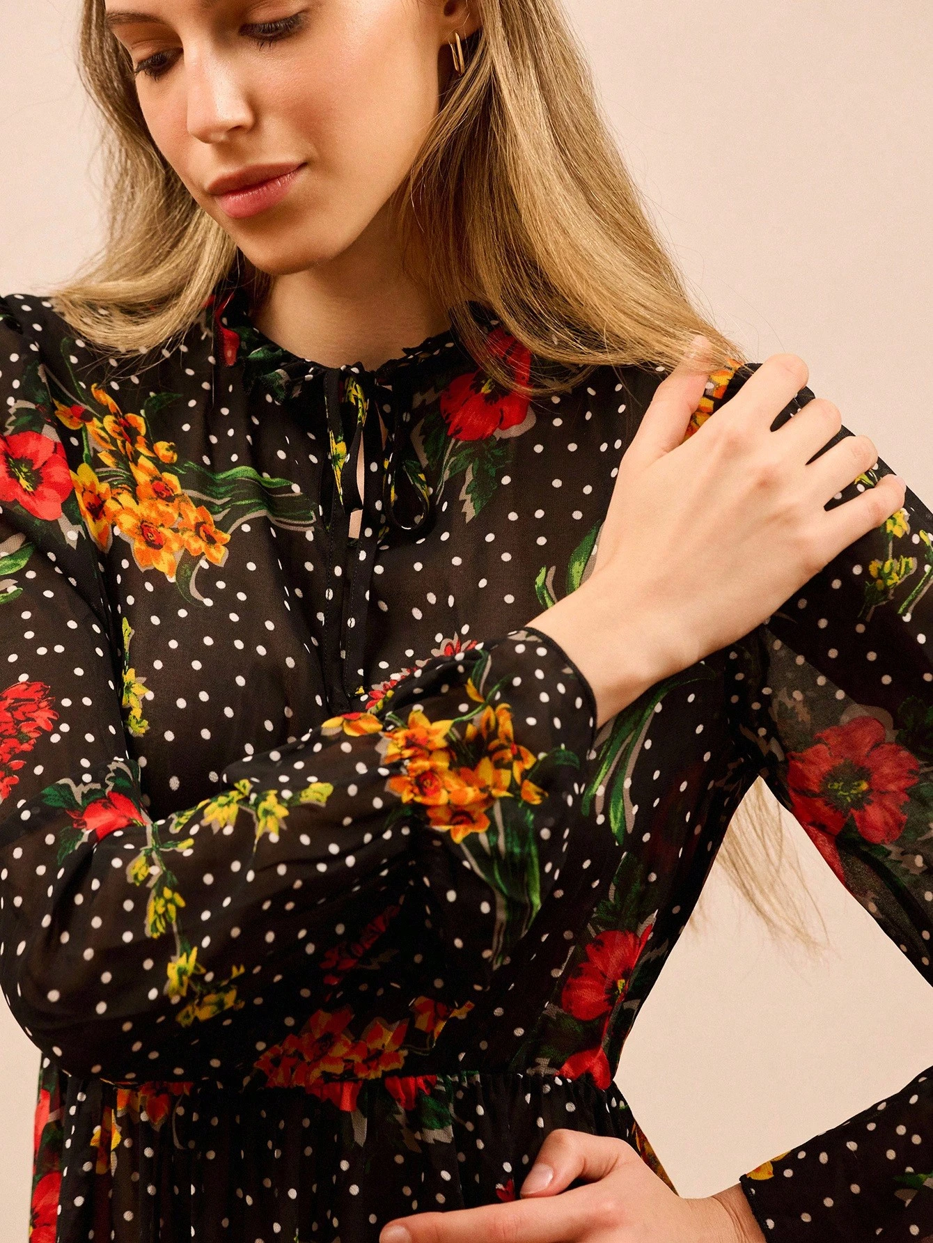 Black Flowing Floral Print Maxi Dress With Shirred High Neck And Asymmetric Ruffled Hem Spring Summer Spring Women Clothes Spring Summer Office Dress Business Casual Dress Going Out Dress French Style Parisian Style