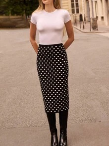 lacRébo 波点印花针织高腰修身中长裙秋冬舒适 - 黑與白 - 查看 1