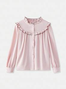 lacRébo Pastel Pink Blouse With Contrast Seam Ruffle Detail And Long Sleeves Spring Women Clothes Spring Outfits Spring Women Clothes Spring Summer Office Top Business Casual Top - Baby Pink - View 8