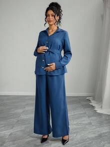 SHEIN 2pcs Maternity Set: Long Sleeve Shirt With Collar, Front Pockets, Button Front, Waist Tie; Wide Leg Pants With Waistband And Pockets