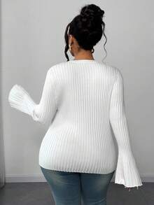 Maweii Women's Simple Casual Everyday Round Neck Straight Shoulder Flared Sleeve Knitted Solid Color Plus Size Sweater Long Sleeve Lightweight Knit Fashion Ribbed Slim Fit Basic Going Out Tshirts, Spring Fall Winter