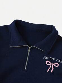 SHEIN Casual Comfortable Teen Girl Collegiate Versatile Letter & Bow Print Half-Zip Up Loose Fit Sweatshirt