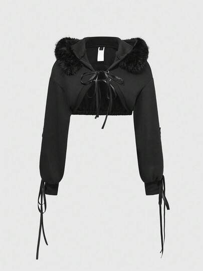 Grunge Punk Sweat-shirt court à capuche sans manches et ouvert devant pour femmes