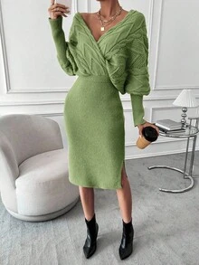 EMERY ROSE Vestido de punto con mangas de murciélago, bajo dividido y envolvente, conjunto de dos piezas de punto, conjunto de suéter y falda, conjunto de dos piezas de invierno - Verde - Ver 5