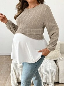SHEIN Maternity Plus Size Contrast Color Round Neck Long Sleeve Ruffle Hem Casual Top