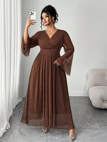 Elenzga Váy maxi dự tiệc thanh lịch, tay loe, cổ chữ V xếp ly kim loại cỡ lớn dành cho nữ, thu/đông - màu nâu - Xem 5