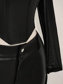 SHEIN ICON Women's Plus Size Autumn/Winter Retro Sexy Casual Fashion Bold Avant-Garde Mesh Patchwork PU Hollow-Out Black Long-Sleeved Fitted T-Shirt - Black - View 9