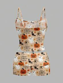 Shutterstock Glamance Halloween Sexy Pumpkin, Ghost, Bat, Spider Web Cute Print Lace Camisole And Ruched Shorts 2 Pieces Set, Suitable For Halloween, Party, Intimate Apparel Halloween Clothes Women Short Set 2 Pc Short Set Cute Romper Women