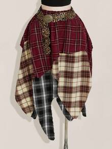 SHEIN ICON 女士加大码性感大胆前卫时尚个性化千禧风格Y2K返校季复古格子拼接不对称下摆松紧腰多层半身裙 - 彩色 - 查看 4