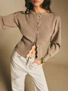 Poéselle Chaqueta de punto con botones delanteros, cuello redondo, hombros caídos y ribete de concha de unicolor para mujer - Caqui - Ver 5