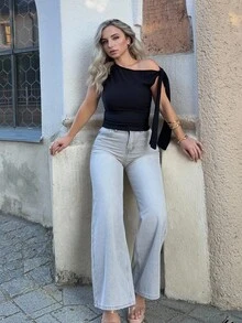 Jeta Ari 女式夏季宽松休闲破洞牛仔裤 - 灰色 - 查看 6