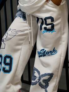 SAYEHFBABY 1pc Personality Print Drawstring Waist Street Casual Sweatpants - White - View 3