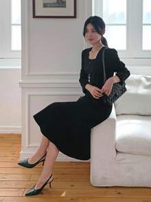 DAZY Women's Square Neck Waist Cinched Mermaid Hem Midi Dress - Black - View 5