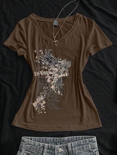 StreetHx 여성 여름 V넥 슬림핏 티셔츠, 빈티지 크로스 플로럴 펑크 서브컬처 애니메이션 티셔츠, 커피색 반팔 V넥