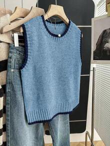 Franclia Casual Loose Crew Neck Sleeveless Knit Contrast Trim Khaki Sweater Top For Women, Spring/Autumn - Blue - View 4