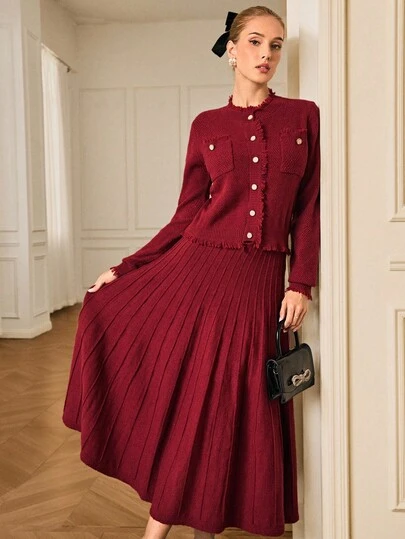 Aveloria Rosie Burgundy Fringe Metal Button Cardigan & Pleated A-Line Midi Skirt 2 Pieces Set, Elegant & Versatile Women Knit Sweater Outfit, Autumn/Winter, Christmas, New Year